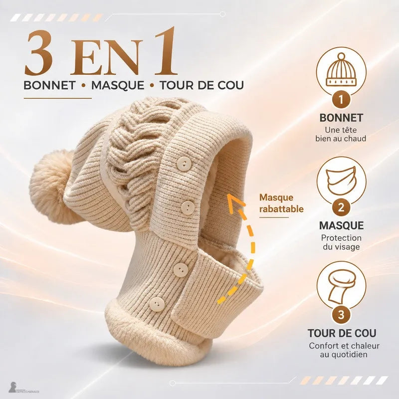 Infographie 3-en-1 du bonnet cagoule femme Léna beige : fonction bonnet, masque rabattable et tour de cou - Espace Cagoules