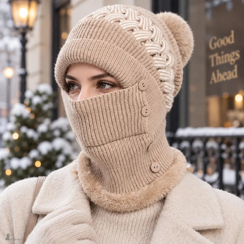 Femme portant le bonnet cagoule Léna camel, masque relevé couvrant le visage en ambiance hivernale urbaine - Espace Cagoules