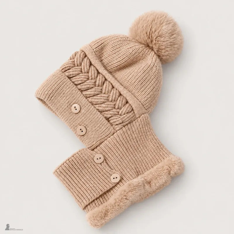 Bonnet cagoule femme Léna coloris camel posé à plat, pompon fausse fourrure, torsade tricotée et boutons bois - Espace Cagoules