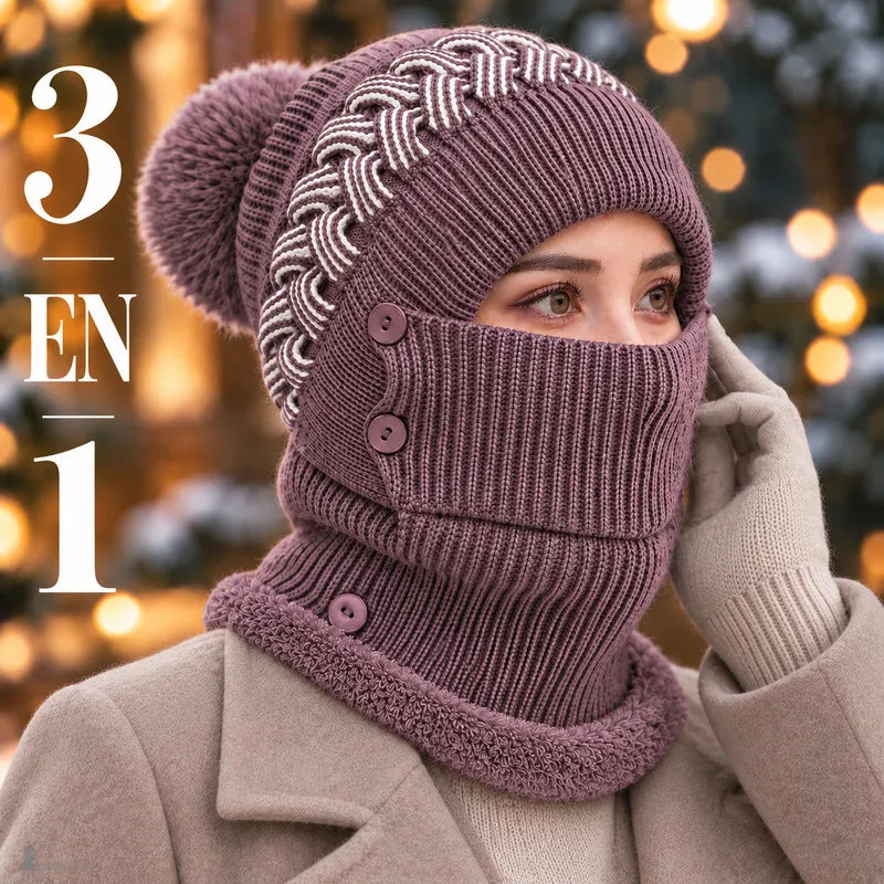 Bonnet cagoule femme Léna mauve porté masque relevé, protection 3-en-1 tête cou visage - Espace Cagoules