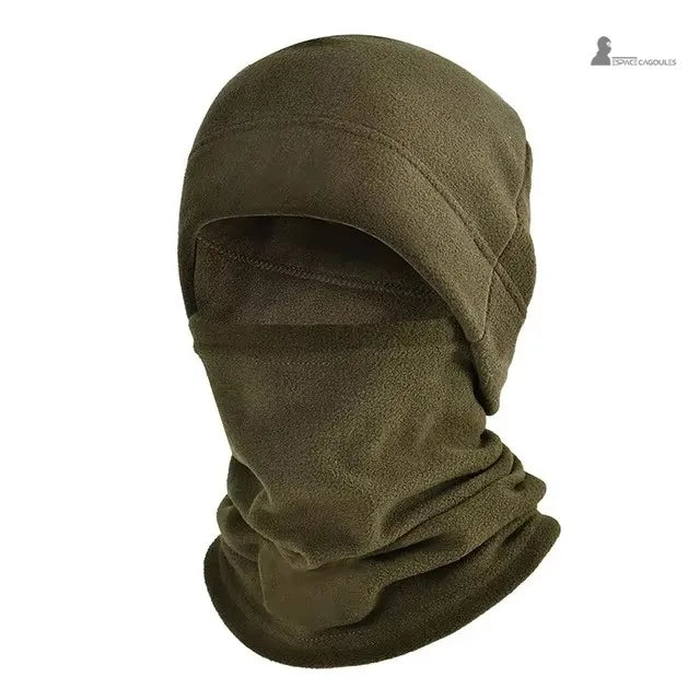 Bonnet cagoule vert en polaire douce, vue de face sur fond blanc, protection intégrale du visage et du cou, Espace Cagoules