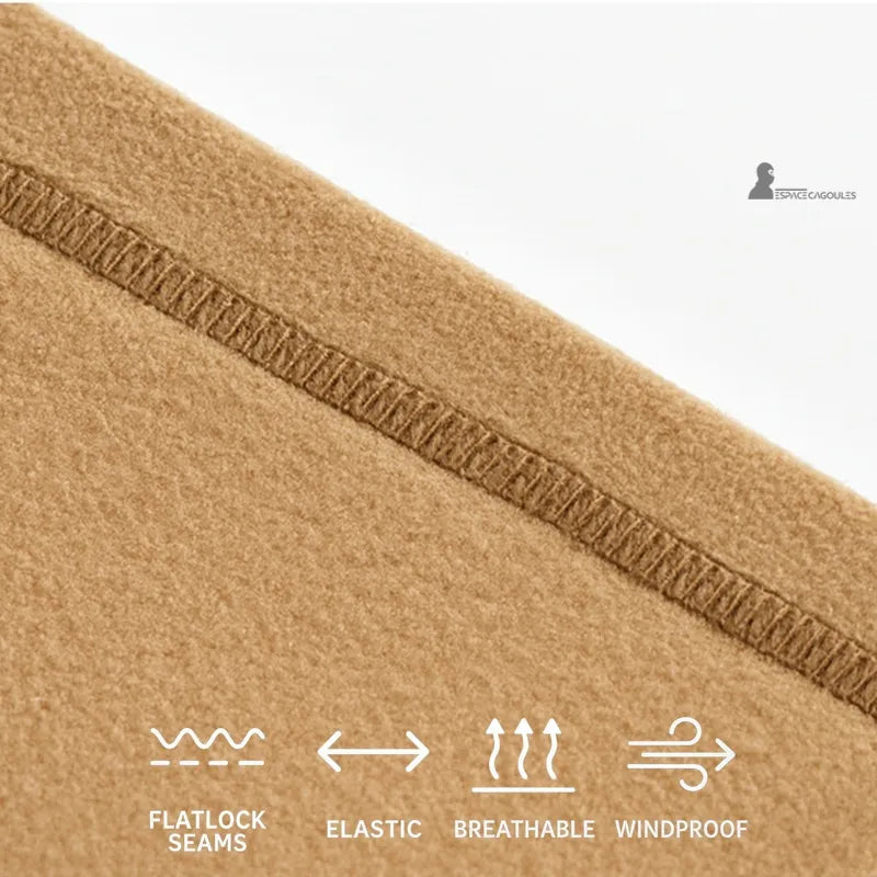 Khakifarbene Sturmhaubenmütze mit Flatlock-Naht auf atmungsaktivem, elastischem und winddichtem Fleecegewebe, technisches Detail, das Komfort und Wärmeisolierung veranschaulicht – Espace Cagoules