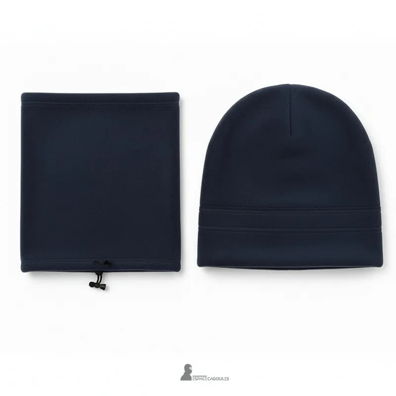 Bonnet cagoule navy en deux parties distinctes, bonnet et tour de cou à cordon ajustable posés sur fond blanc Espace Cagoules