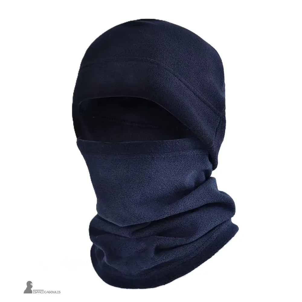 Bonnet cagoule navy en polaire chaude, couvrant entièrement la tête et le cou, fond blanc, protection hivernale pour activités outdoor Espace Cagoules
