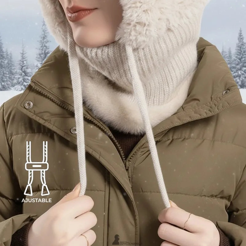 Stickad balaklavamössa – närbild justerbar dragsko beige stickad balaklava – Espace Cagoules