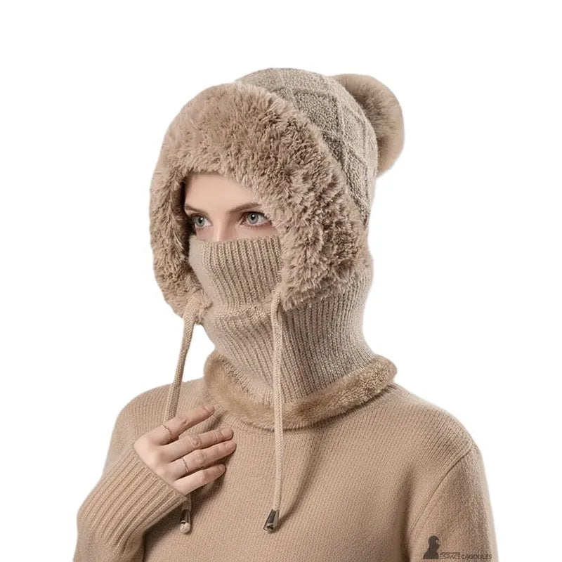 Berretto a passamontagna da donna rosa e kaki in maglia con la versione kaki del passamontagna all'aperto in inverno - Espace Cagoules