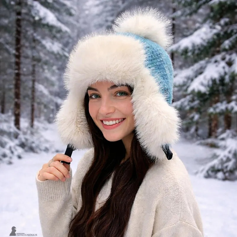 Bonnet chapka fourrure porté par une femme dans une forêt enneigée, modèle bleu clair avec large bordure blanche et pompon sur le dessus, vue de face – Espace Cagoules
