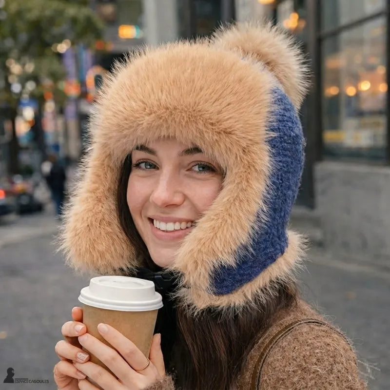 Bonnet chapka fourrure porté par une femme en ville hivernale tenant un café, modèle bleu marine avec bordure épaisse beige et pompon blanc, vue de face – Espace Cagoules