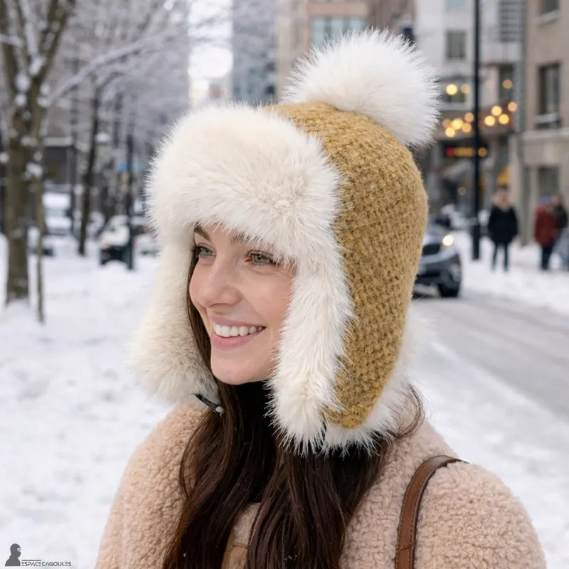 Bonnet chapka fourrure porté par une femme dans une rue enneigée, modèle jaune moutarde avec large bordure blanche et pompon sur le dessus, vue de trois-quarts – Espace Cagoules