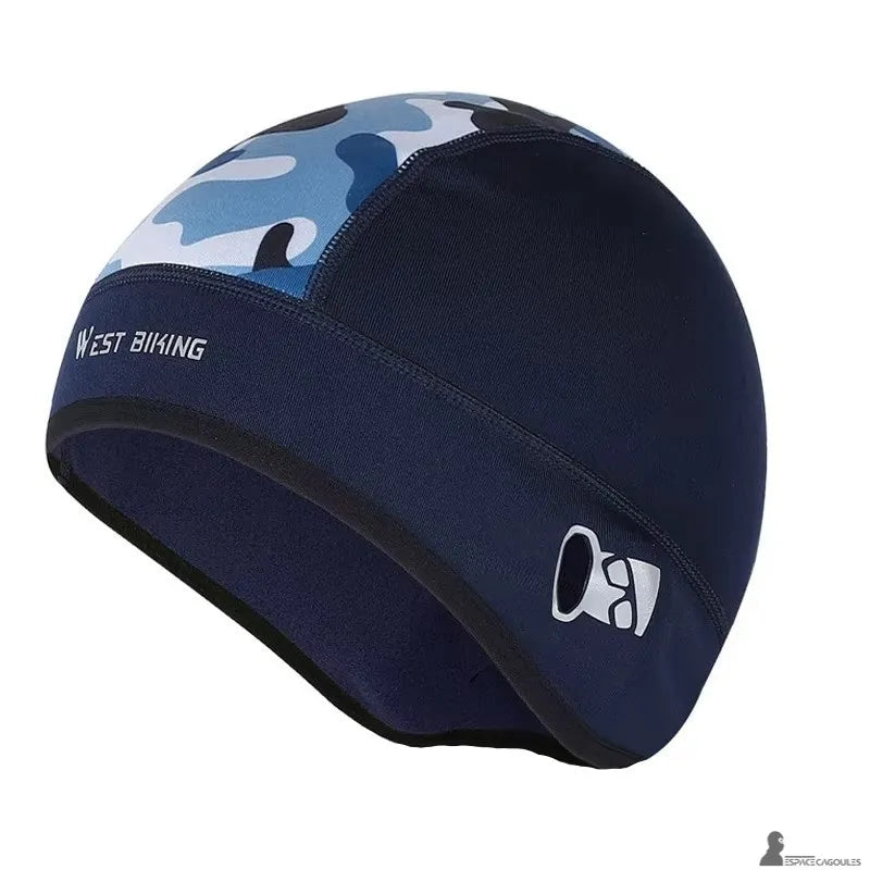 Bonnet sous casque moto bleu avec panneau camouflage supérieur et ouvertures latérales pour lunettes, vue produit isolée - Espace Cagoules