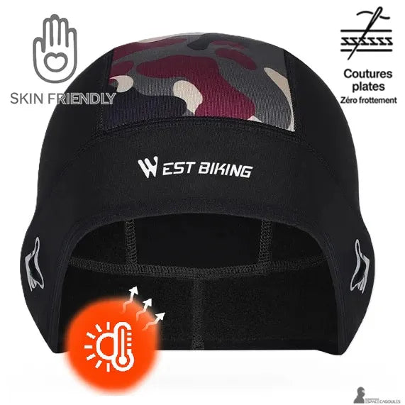 Bonnet sous casque moto vue face avec panneau camouflage supérieur, coutures plates et indication de doublure thermique protégeant la tête du froid - Espace Cagoules