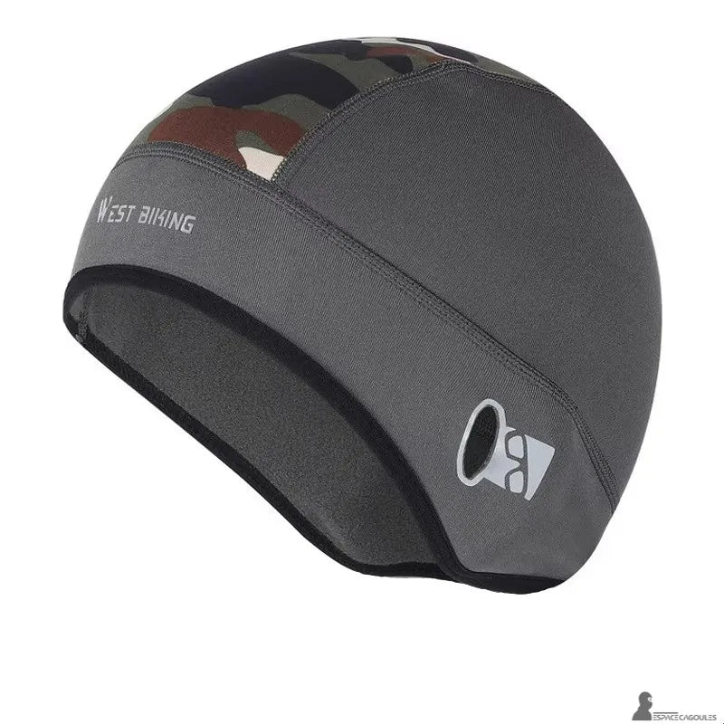 Bonnet sous casque moto gris avec panneau camouflage supérieur et ouverture pour branches de lunettes, vue produit latérale - Espace Cagoules