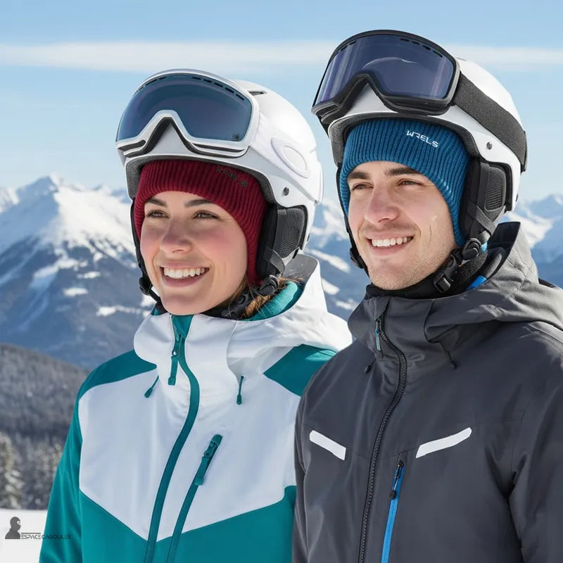 Bonnet sous casque ski en maille tricotée porté par un homme et une femme sous casque de ski, forme fine couvrant les oreilles, vue portée en environnement montagne enneigée - Espace Cagoules