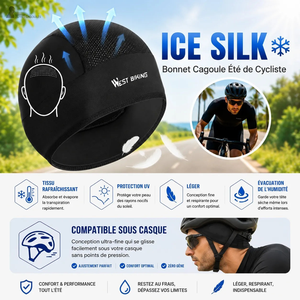 Bonnet sous casque vélo été noir en soie glacée illustrant tissu rafraîchissant et évacuation de l'humidité - Espace Cagoules