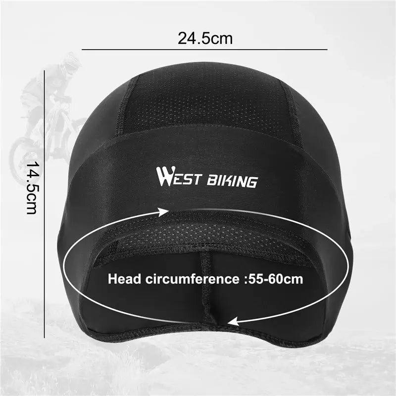  Schéma technique du bonnet sous casque vélo été noir, affichant les dimensions : 24,5 cm de largeur et une circonférence ajustable de 55 à 60 cm. Idéal pour un ajustement ergonomique sous tous types de casques.