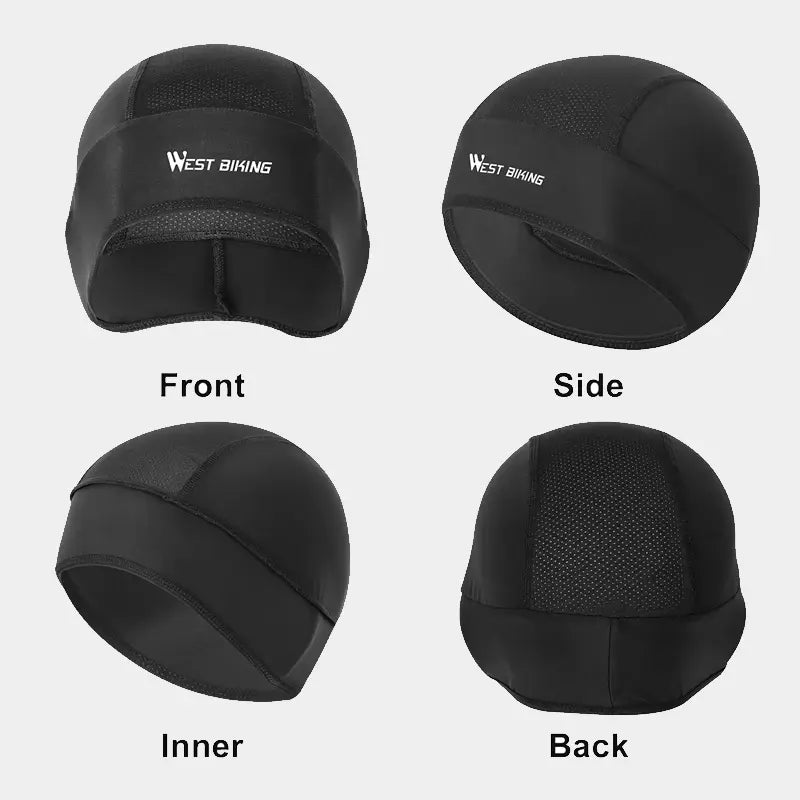 Vue détaillée du bonnet sous casque vélo été sous différents angles : avant, arrière, côté et intérieur. Le design épouse la forme du crâne pour un maintien parfait sous le casque de vélo ou de moto.