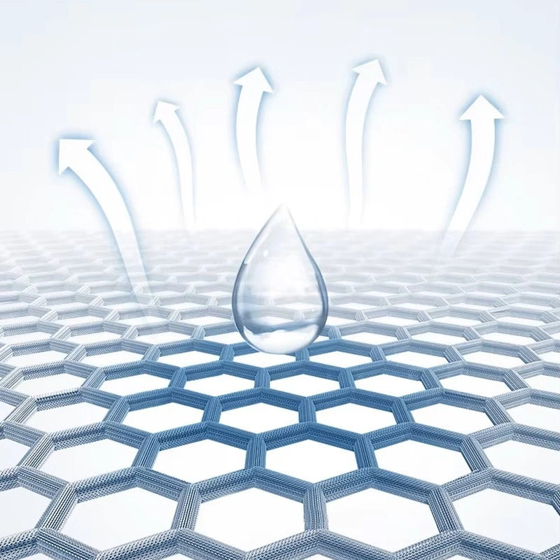 Illustration technique du bonnet sous casque vélo été montrant un tissu hydrophobe. L'image affiche des gouttelettes d’eau repoussées par la structure alvéolée du textile, assurant une évacuation rapide de la transpiration.