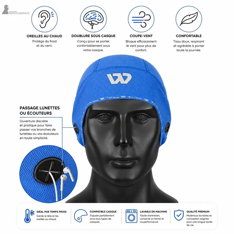 Bonnet sous casque vélo hiver porté sur mannequin illustrant oreilles au chaud, coupe-vent et passage lunettes ou écouteurs - Espace Cagoules