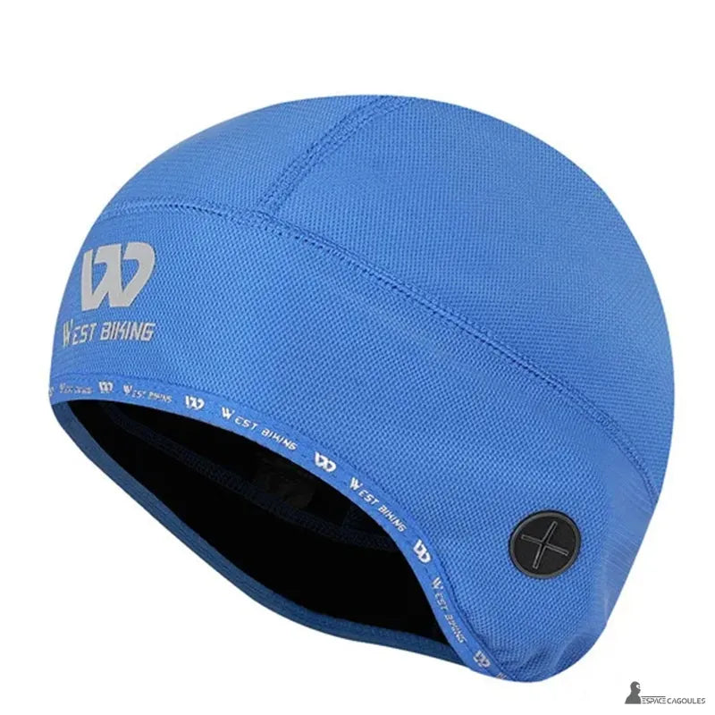 Bonnet sous casque vélo hiver bleu foncé en polaire chaude et respirante, vue produit - Espace Cagoules