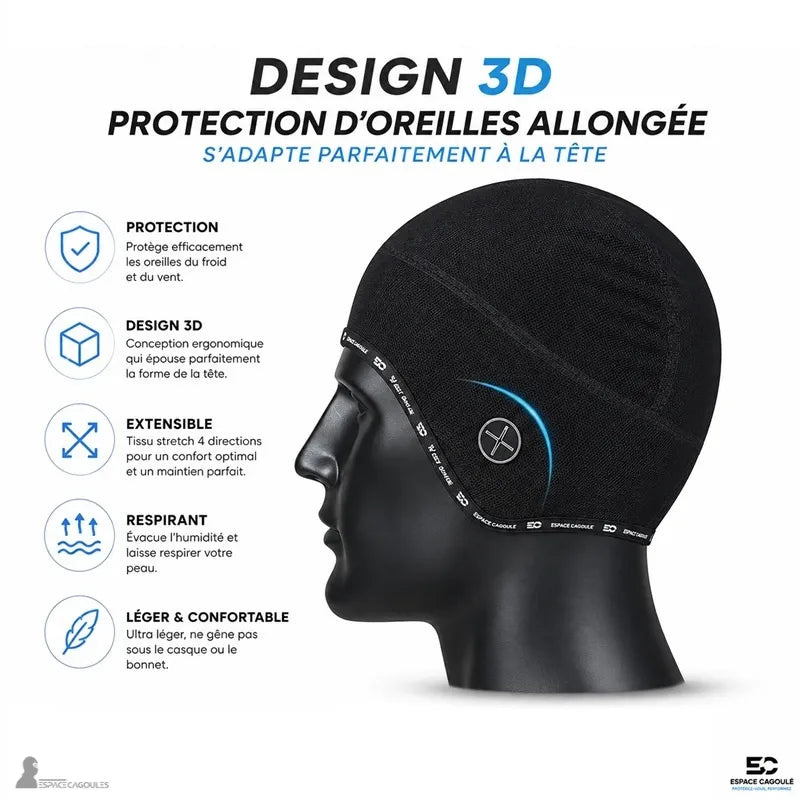 Bonnet sous casque vélo hiver noir vu de profil illustrant le design 3D et la protection d'oreilles allongée - Espace Cagoules