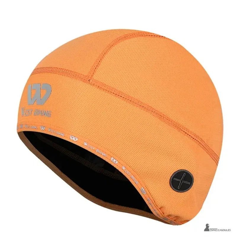 Bonnet sous casque vélo hiver orange en polaire chaude haute visibilité, vue produit - Espace Cagoules
