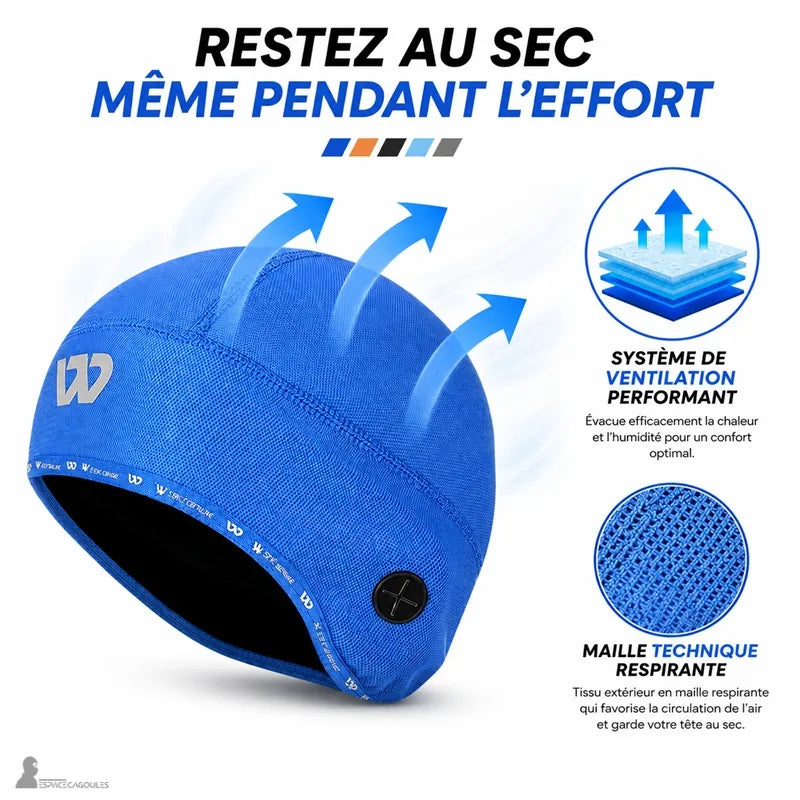 Bonnet sous casque vélo hiver bleu illustrant le système de ventilation et la maille respirante qui gardent la tête au sec - Espace Cagoules
