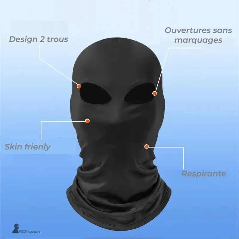 Cagoule 2 trous noire présentée de face avec repères visuels indiquant les ouvertures yeux et zones respirantes sur fond bleu dégradé - Espace Cagoules