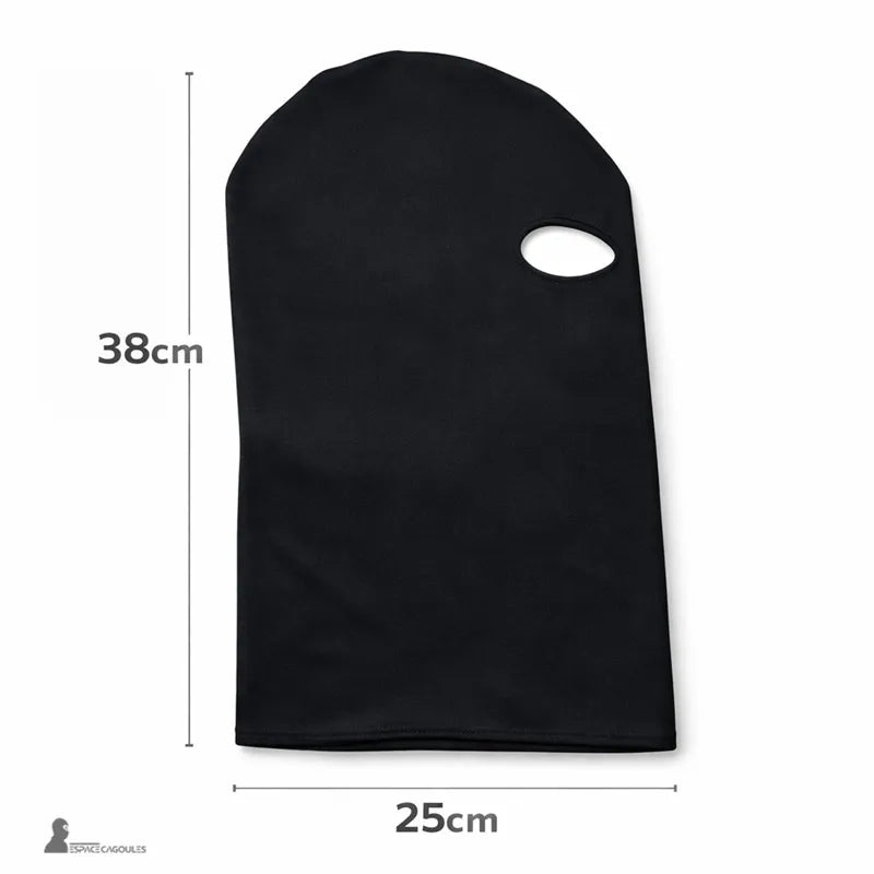 Cagoule 2 trous noire vue à plat avec indication des dimensions 38 cm de hauteur et 25 cm de largeur sur fond clair - Espace Cagoules