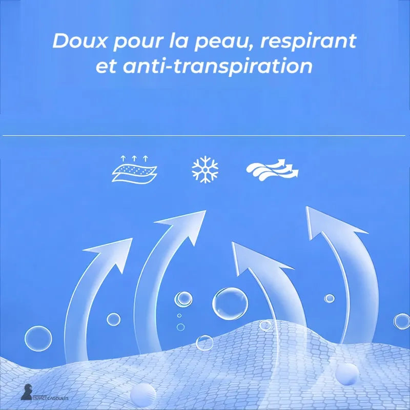 Cagoule 2 trous noire illustration graphique montrant la respirabilité avec flèches orientées vers le haut et pictogrammes sur fond bleu - Espace Cagoules