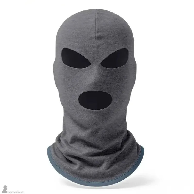 Cagoule 3 trous en polaire grise vue de face sur fond neutre, trois ouvertures bien découpées - Espace Cagoules