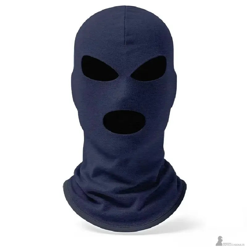 Cagoule 3 trous en polaire bleu marine vue de face sur fond neutre, forme intégrale avec couture centrale visible - Espace Cagoules