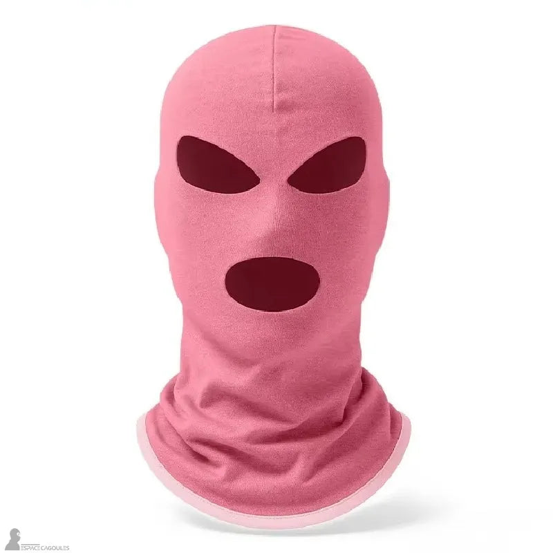 Cagoule 3 trous en polaire rose vue de face sur fond neutre, texture douce apparente - Espace Cagoules