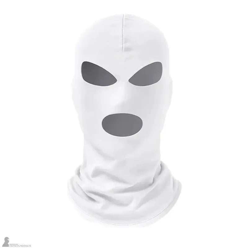 Cagoule 3 trous en polaire blanche vue de face sur fond clair, coupe intégrale couvrant tête et cou - Espace Cagoules