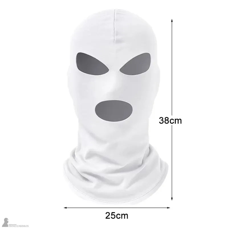 Cagoule 3 trous moto blanche vue de face avec indication des dimensions 38 cm hauteur et 25 cm largeur – Espace Cagoules