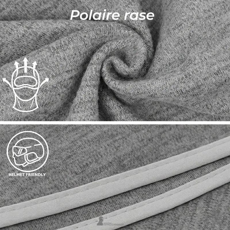 Cagoule 3 trous moto détail texture polaire rasée en gros plan avec finition bord cousu – Espace Cagoules
