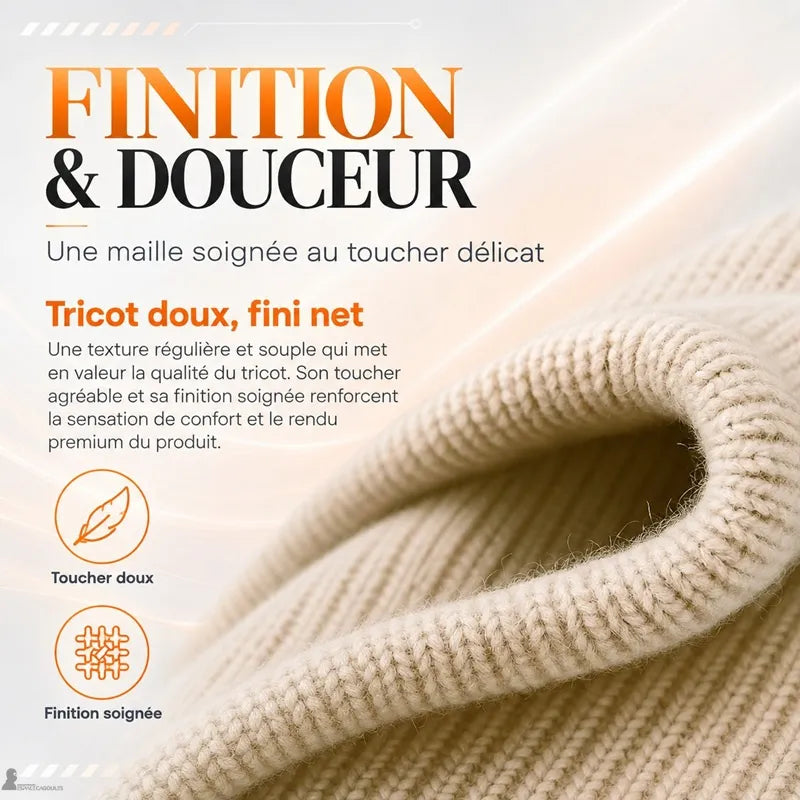 Détail de la maille tricotée douce et des finitions nettes de la cagoule année 90 Romy beige - Espace Cagoules