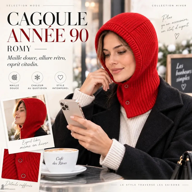 Frau auf einer Caféterrasse mit roter Romy 90er-Sturmhaube und schwarzem Mantel, urbaner Winterlook - Espace Cagoules