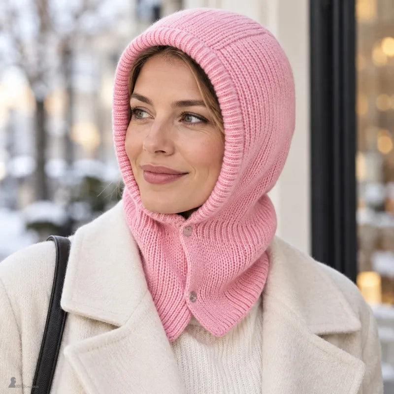 Frau im weißen Mantel mit rosa Romy 90er-Sturmhaube vor einem beleuchteten Schaufenster im Winter - Espace Cagoules