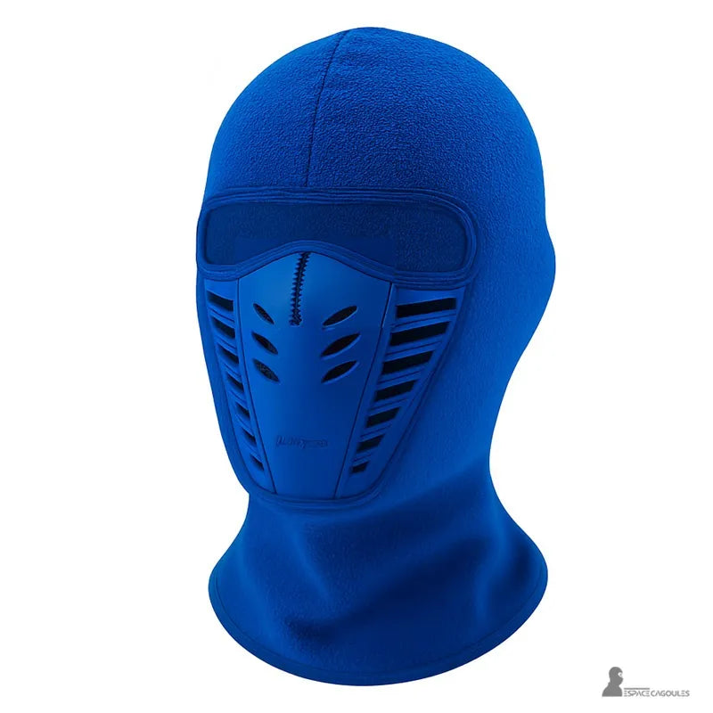 cagoule anti buée – Cagoule bleue en polaire avec masque frontal ajouré conçu pour limiter la buée et protéger du froid – Espace Cagoules
