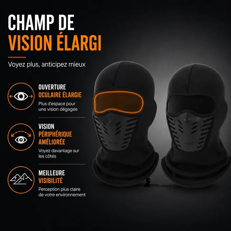Cagoule anti-buée noire présentée de face, illustration de l'ouverture oculaire élargie pour un champ de vision et une vision périphérique dégagés - Espace Cagoules