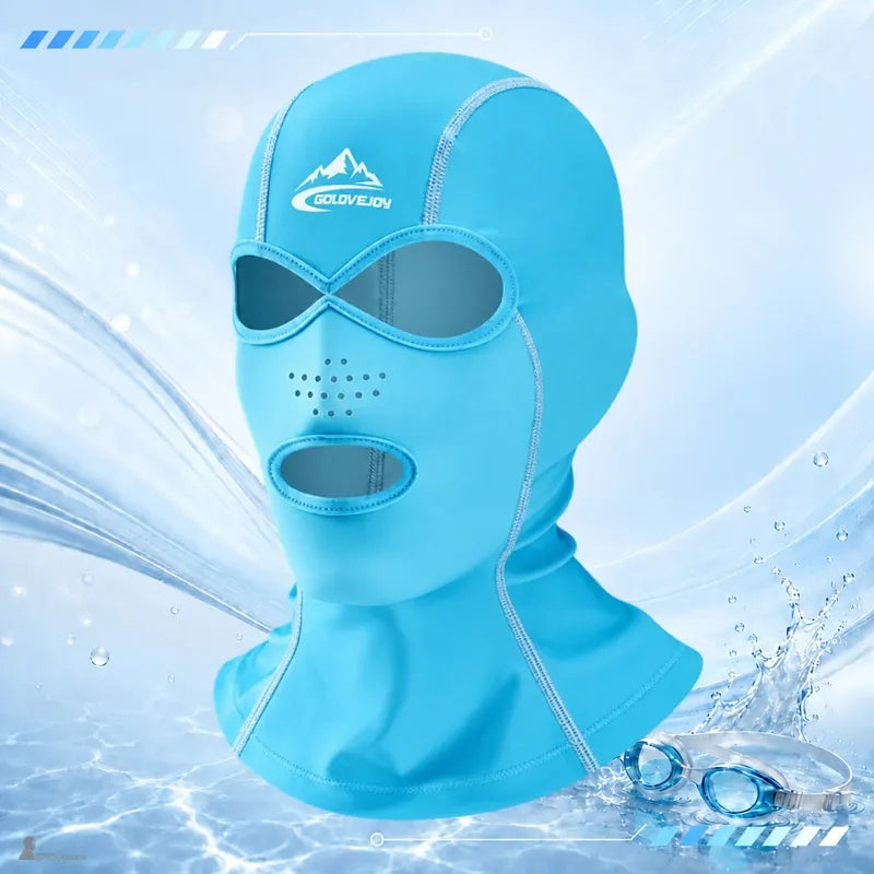 Himmelblaue UPF 40+ anti-UV-Sturmhaube, Augen- und Mundöffnungen, perforierte Öffnungen und lange Halsabdeckung mit kontrastierenden Nähten – Espace Cagoules