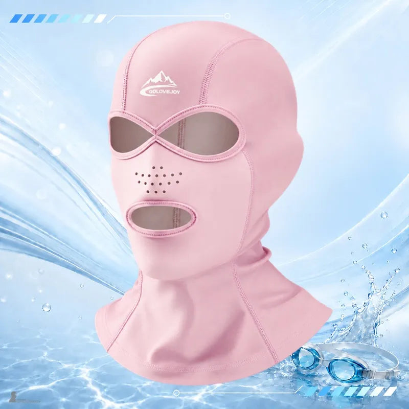 Rosa UPF 40+ anti-UV-Sturmhaube, die die Kapuze mit Augen- und Mundöffnungen sowie perforierten Öffnungen an den Wangen bedeckt – Espace Cagoules