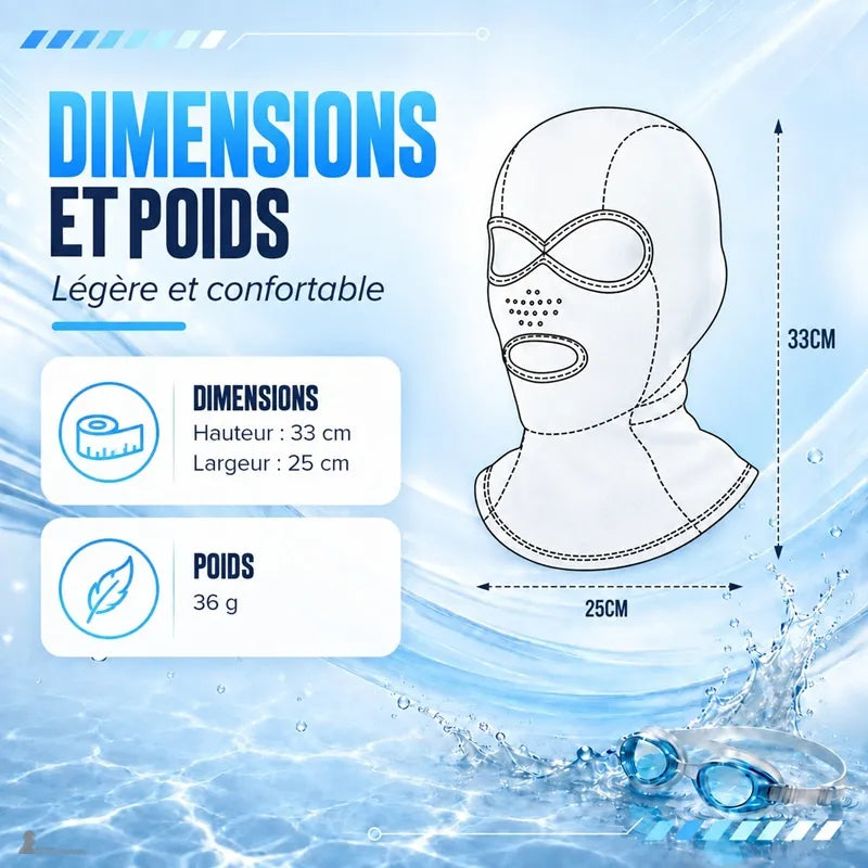 Schéma coté de la cagoule anti-UV UPF 40+ : hauteur 33 cm, largeur 25 cm et poids de 36 g, un modèle léger à porter - Espace Cagoules