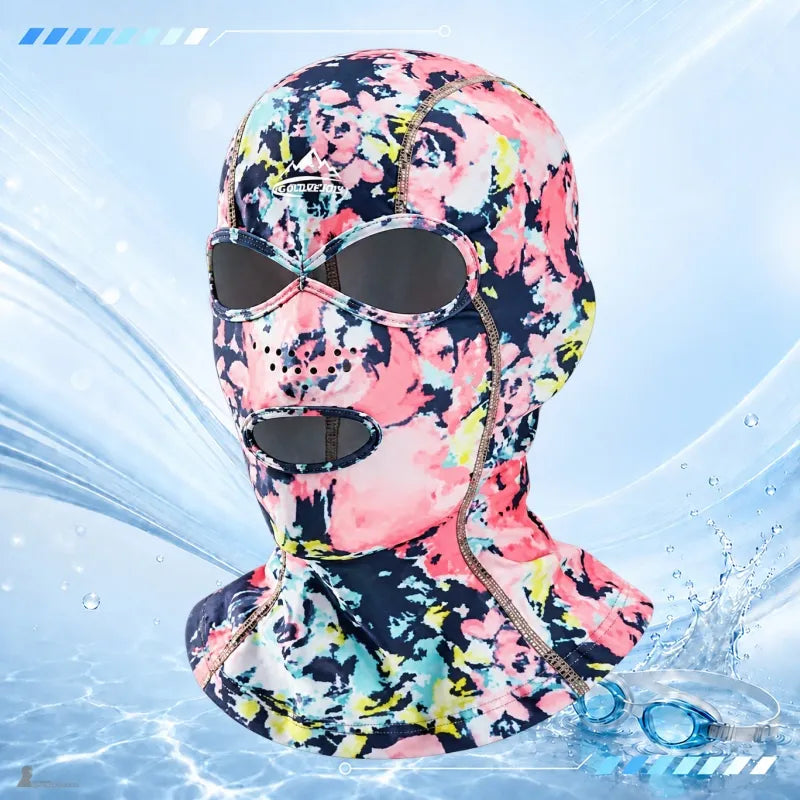 UPF 40+ anti-UV-Sturmhaube mit rosa, marineblauem und gelbem Blumenmuster, volle Kapuze mit Augen- und Mundöffnungen – Espace Cagoules
