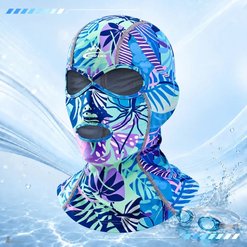 UPF 40+ Anti-UV-Sturmhaube mit blauem und violettem tropischem Laubmuster, umrandeten Augen- und Mundöffnungen, langer Halsbezug – Espace Cagoules