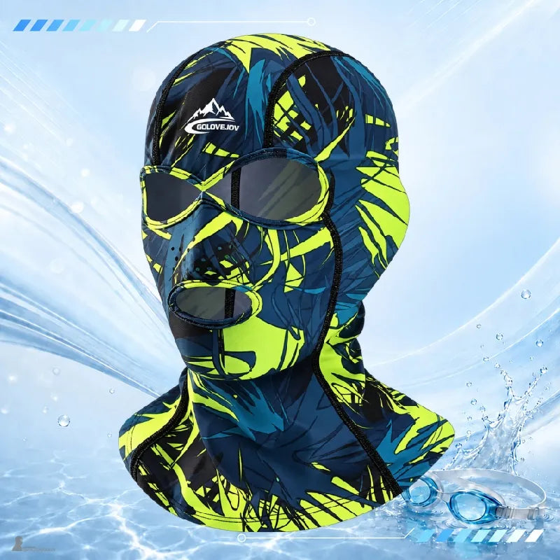 UPF 40+ UV-anti-UV-Sturmhaube mit marineblauem und fluoreszierendem gelbem Grafikdruck, verstärkten Augen- und Mundöffnungen, perforierten Lüftungen – Espace Cagoules