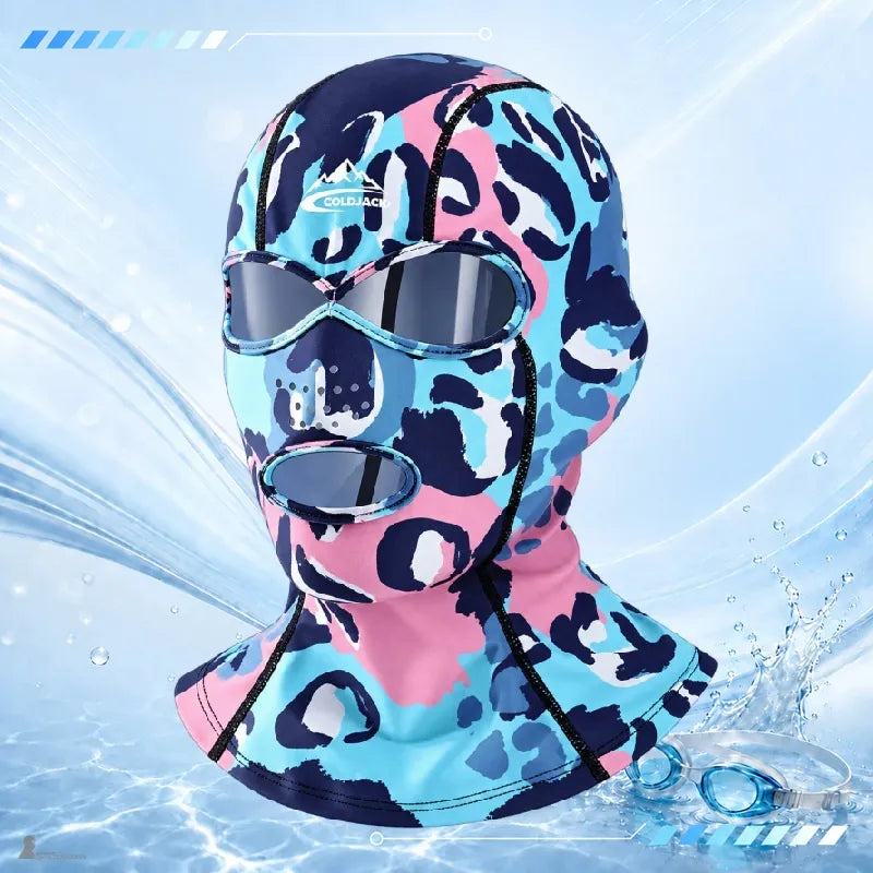 UPF 40+ Anti-UV-Sturmhaube mit rosa, blauem und marineblauem Leopardenmuster, die die Kapuze mit Augen- und Mundöffnungen bedeckt – Espace Cagoules