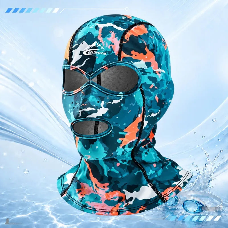 UPF 40+ Anti-UV-Sturmhaube mit Pfauenblau-orangefarbenem Tarnmuster, Augen- und Mundöffnungen sowie integrierter Halsbedeckung – Espace Cagoules