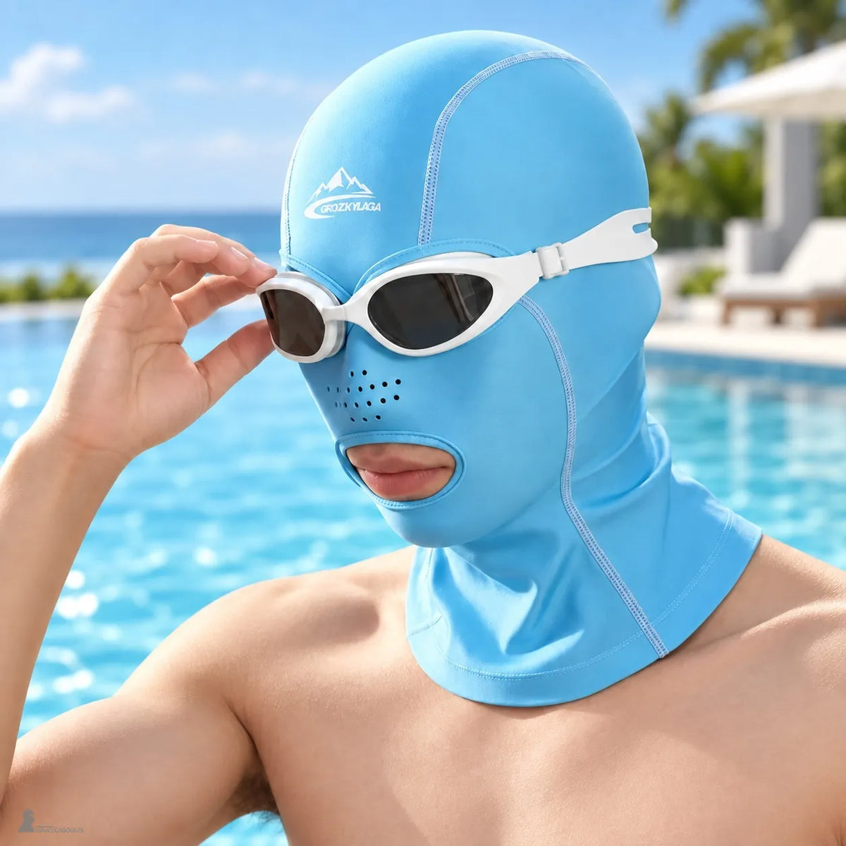 Mann mit einer himmelblauen UPF 40+ anti-UV-Sturmhaube am Pool, der seine Schwimmbrille zurechtrückt, Mund und Kinn klar – Espace Cagoules
