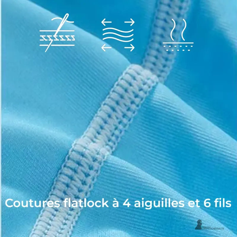 Détail des coutures flatlock à 4 aiguilles et 6 fils de la Cagoule anti UV UPF 50 + pour un confort et une élasticité maximale – Espace Cagoules